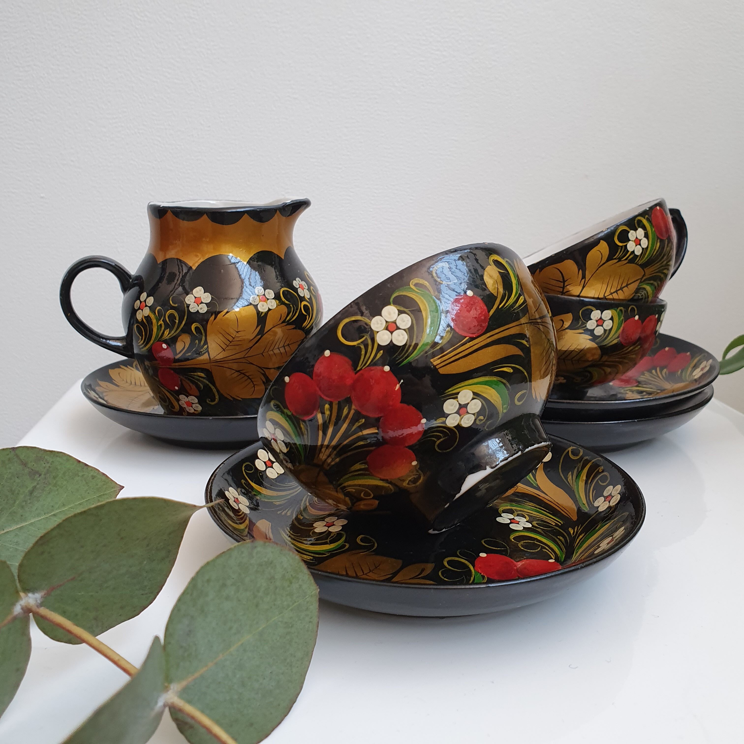 Hand-painted Russian tea service or coffee khokhloma