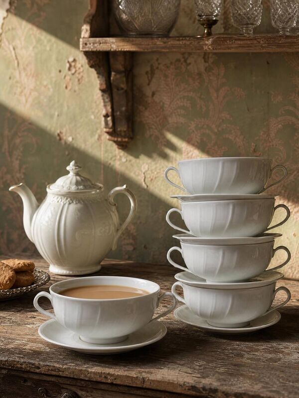 5 tasses/bos à deux anses, porcelaine de Limoges Bernardaud ''Palm