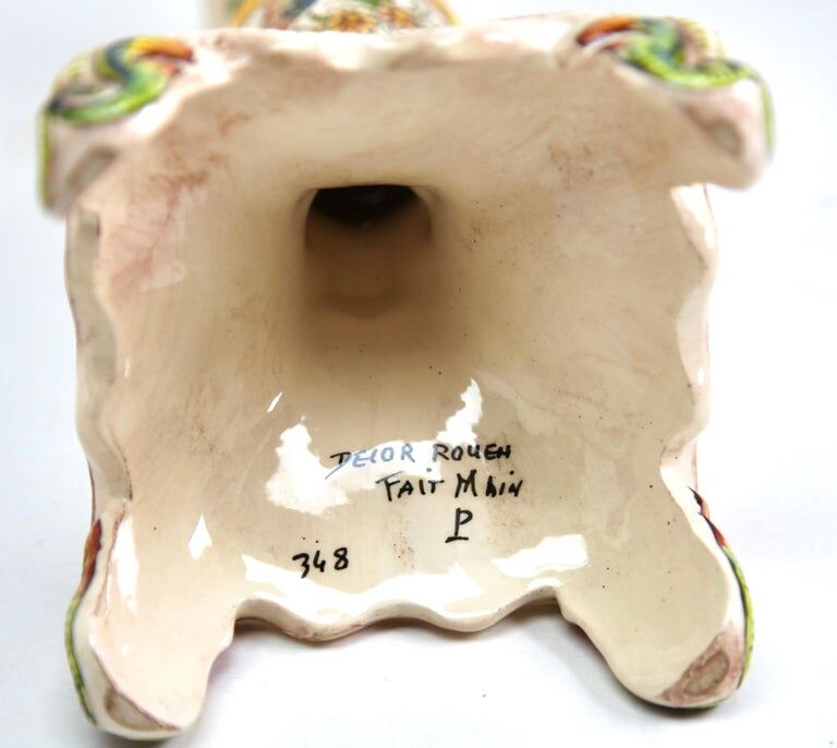 Hand-painted earthenware candle holder from Rouen, France twentieth century