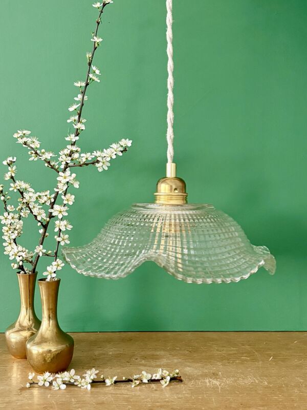 Suspension abat-jour vintage en verre travaillé - collection vaisselle -