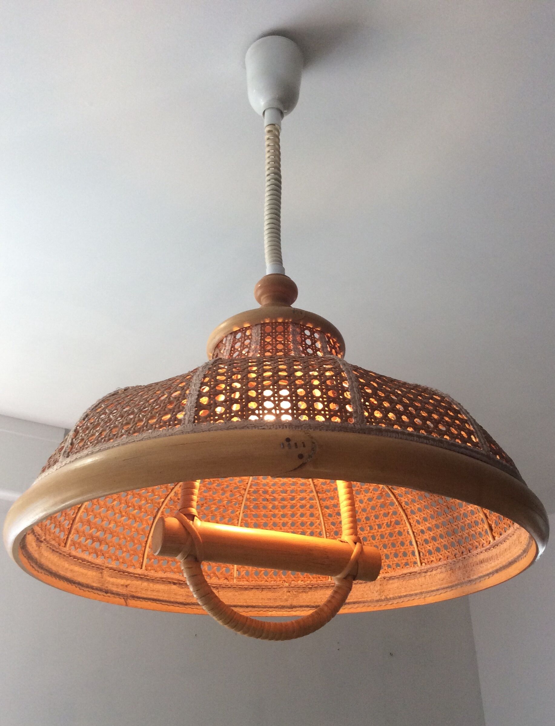 Vintage canning and rattan hagning lamp from the 1970s