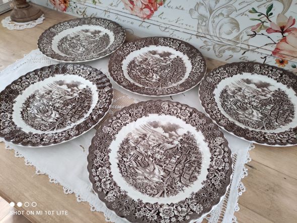 Set of 5 flat plates in English Iron Earth country decoration brown marli floral