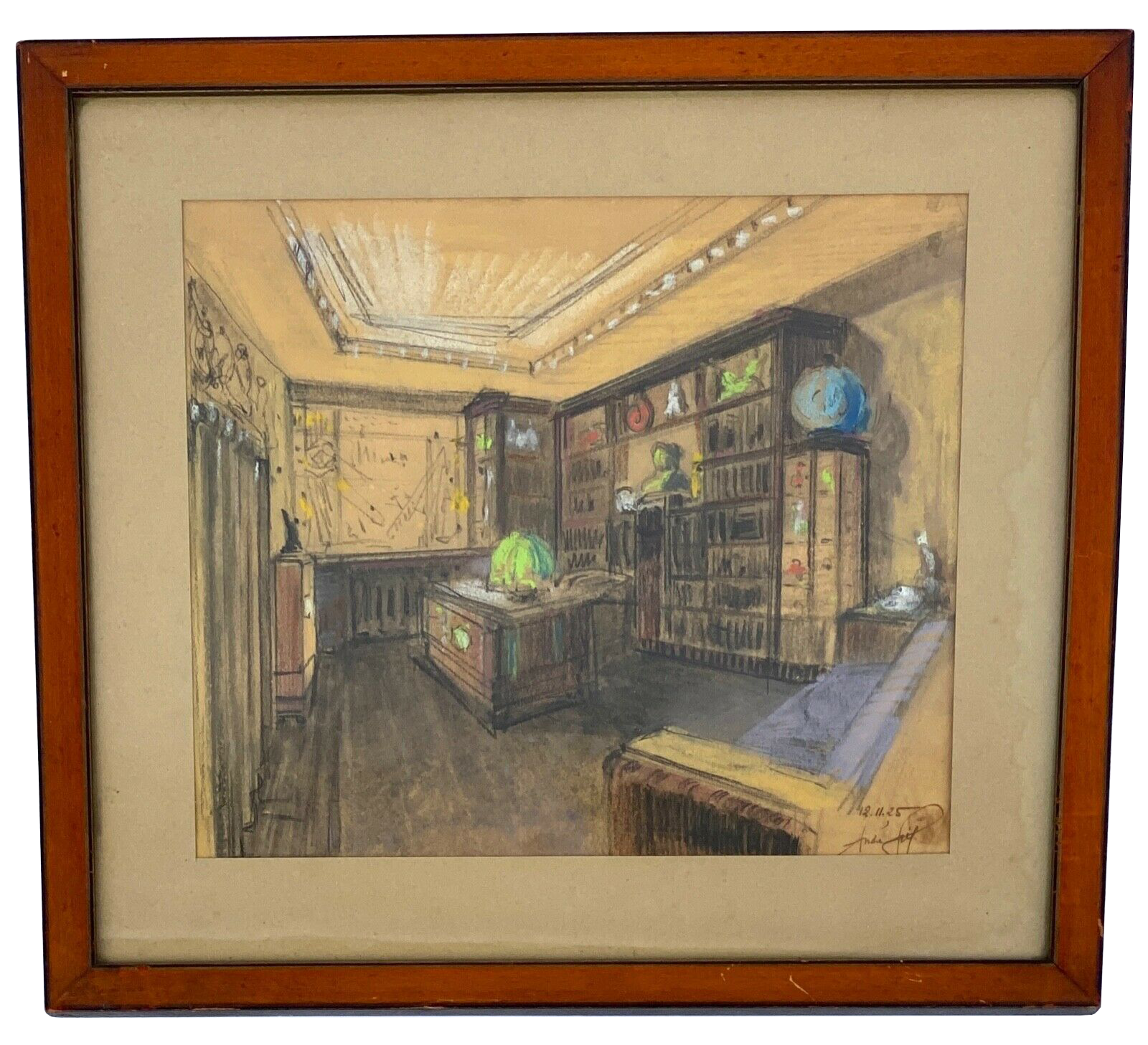 Watercolor sign andre brif or prif interior drawing library 1925