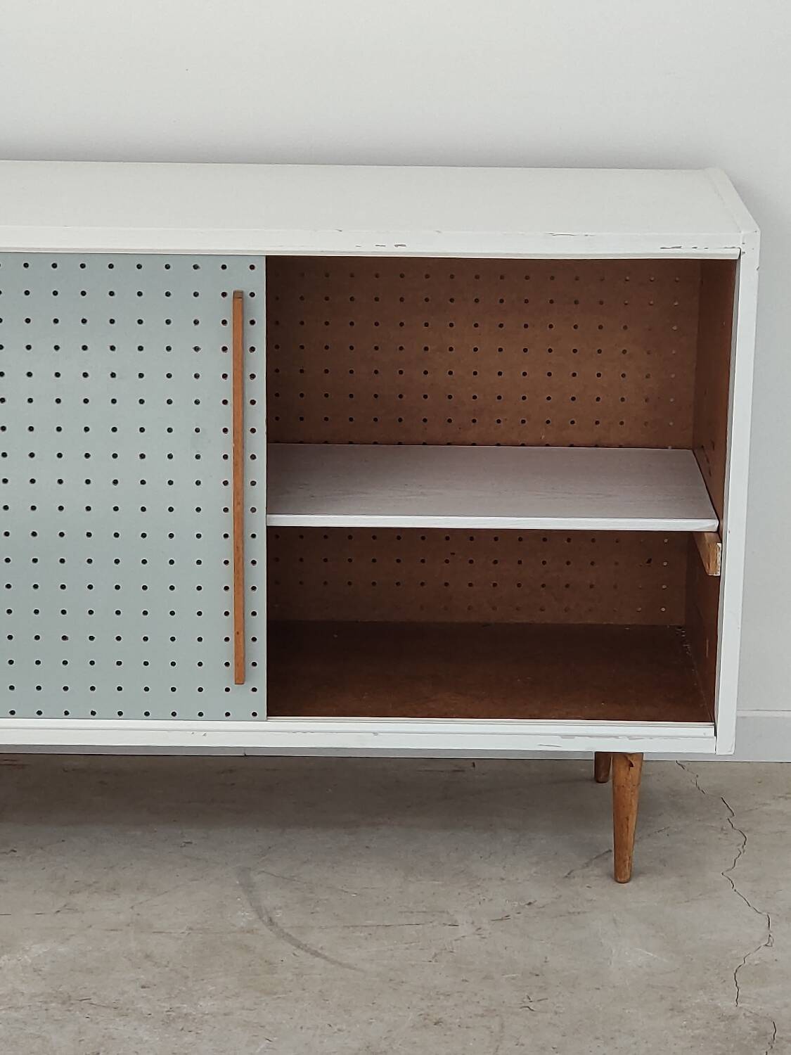 Blue and white chest of drawers by Drevopodnik Brno 1960