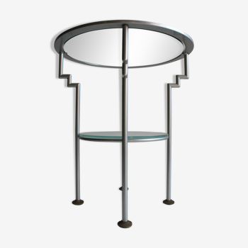 Postmodern round glass  and steel side table, 1980s.