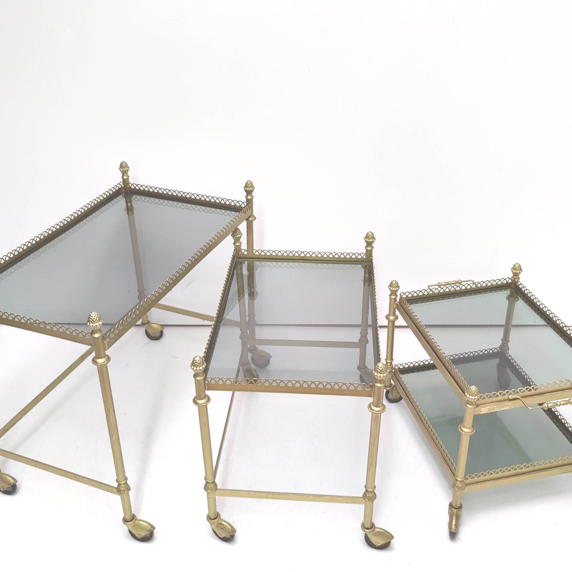 Desserts nesting tables gilded metal and smoked glass