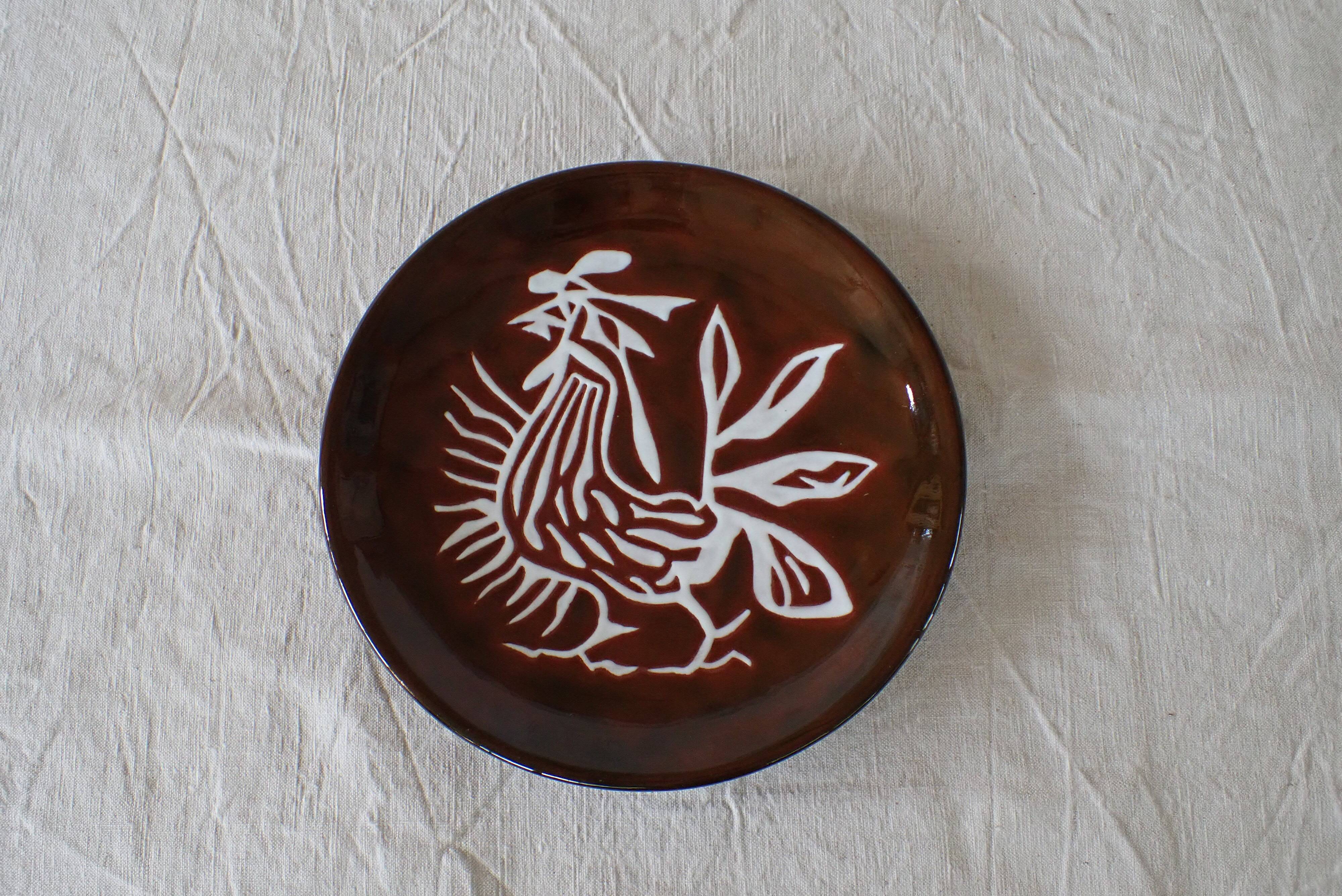 Jean Lurçat plate in brown glazed ceramic decorated with a rooster