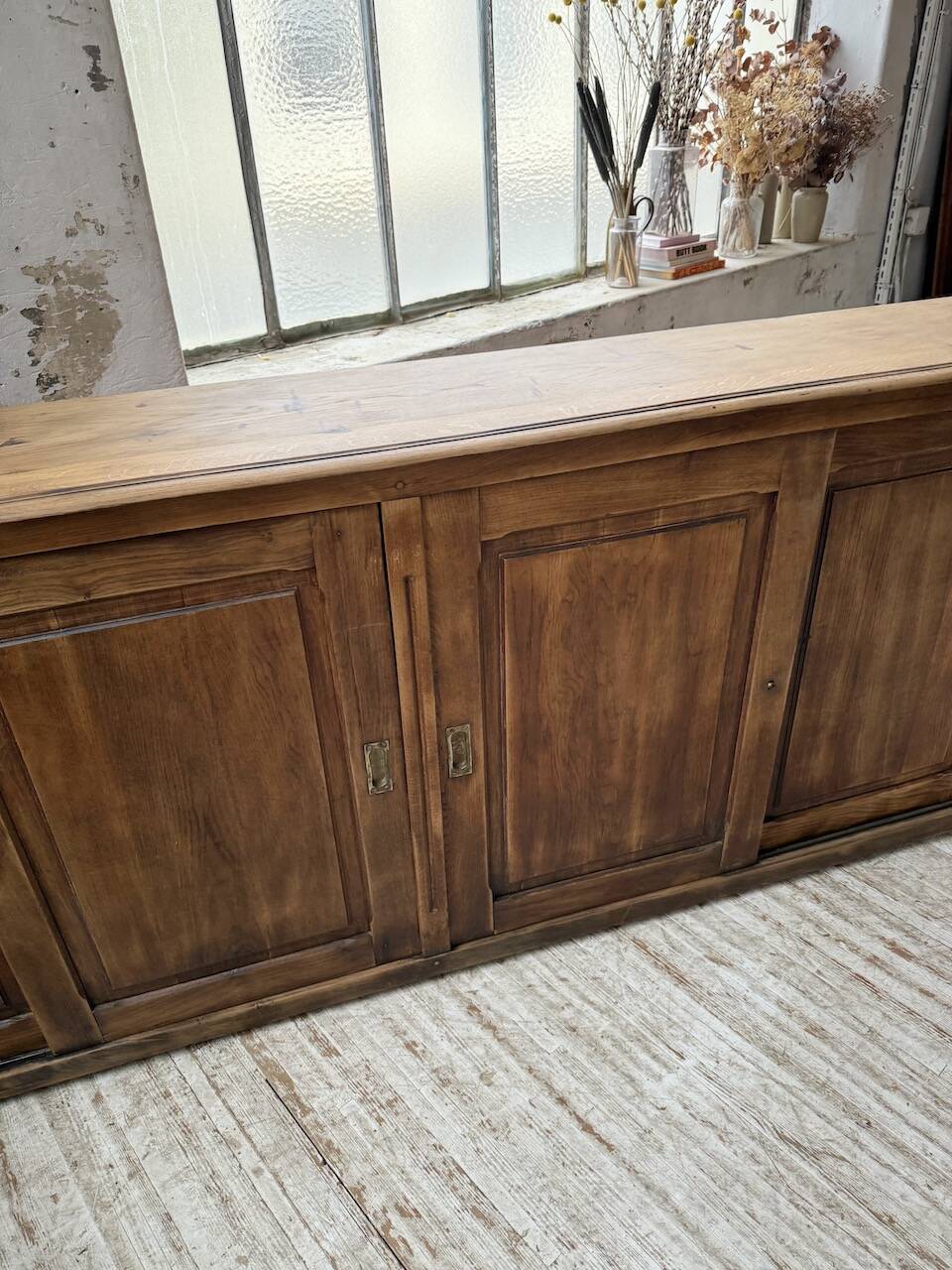 XL oak workshop sideboard with sliding doors from 1900