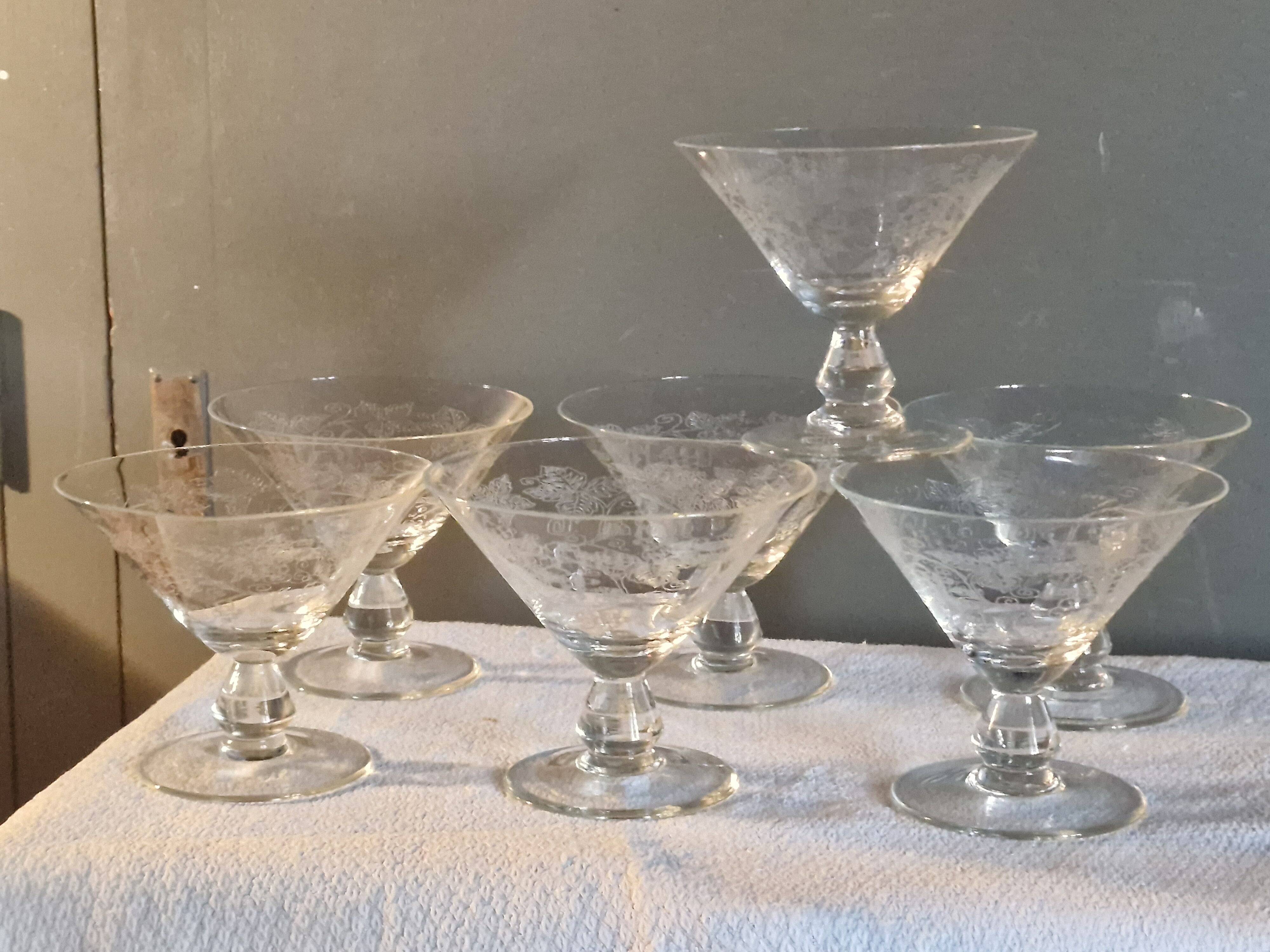 7 Art Deco crystal champagne coupes, grape clusters (+ 2 gifts)