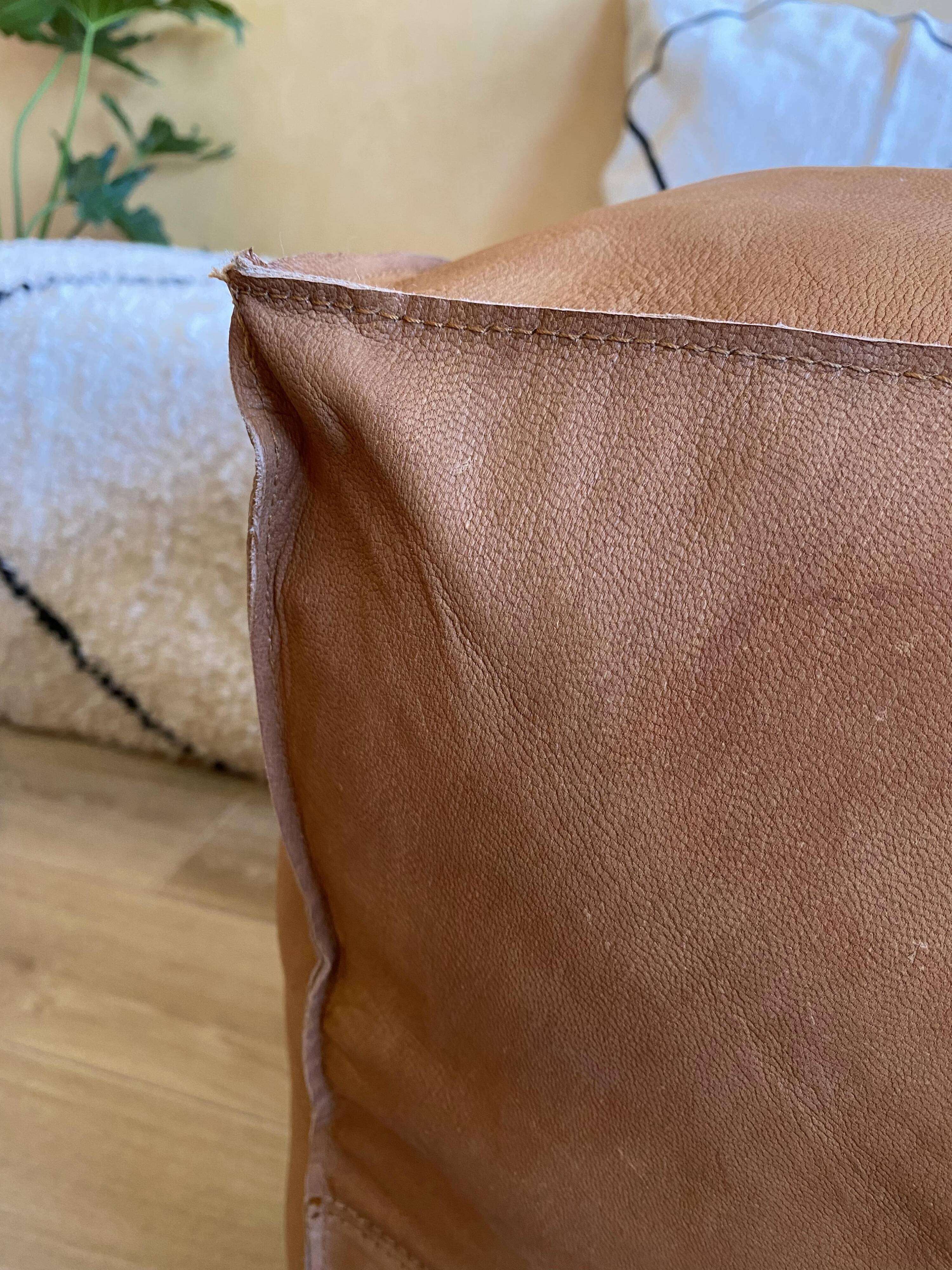 Vegan Leather Ottoman Pouf, Handmade, Cognac, Unstuffed, Moroccan Leather, Marrakech Souk