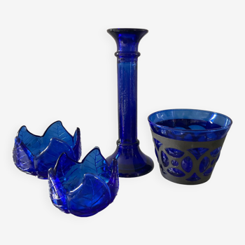 Set of 4 vintage cobalt blue candlesticks