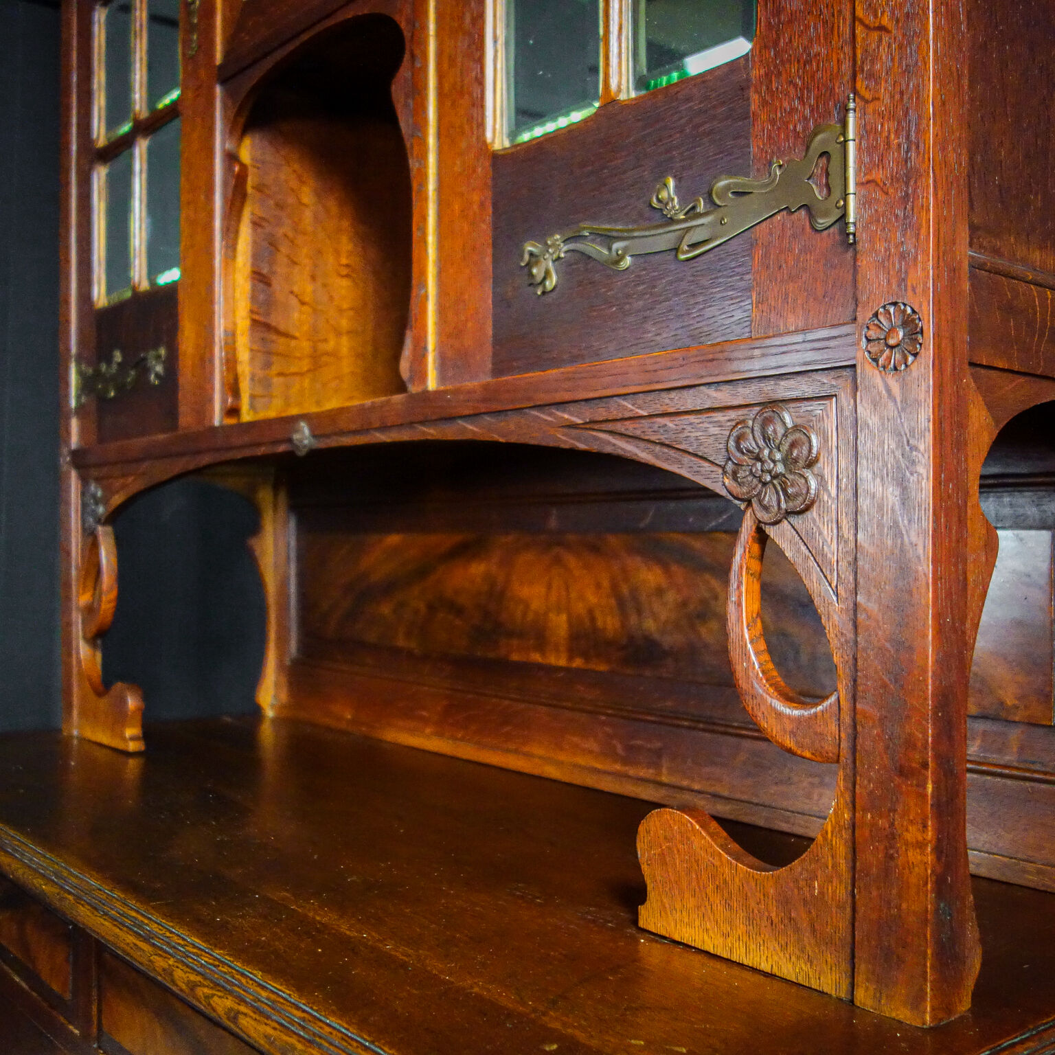art nouveau cabinet with stained glass window, France circa 1910