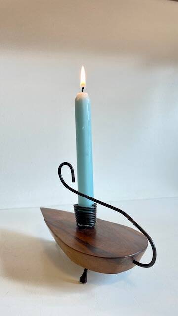 Brutalist olive wood candle holder vintage