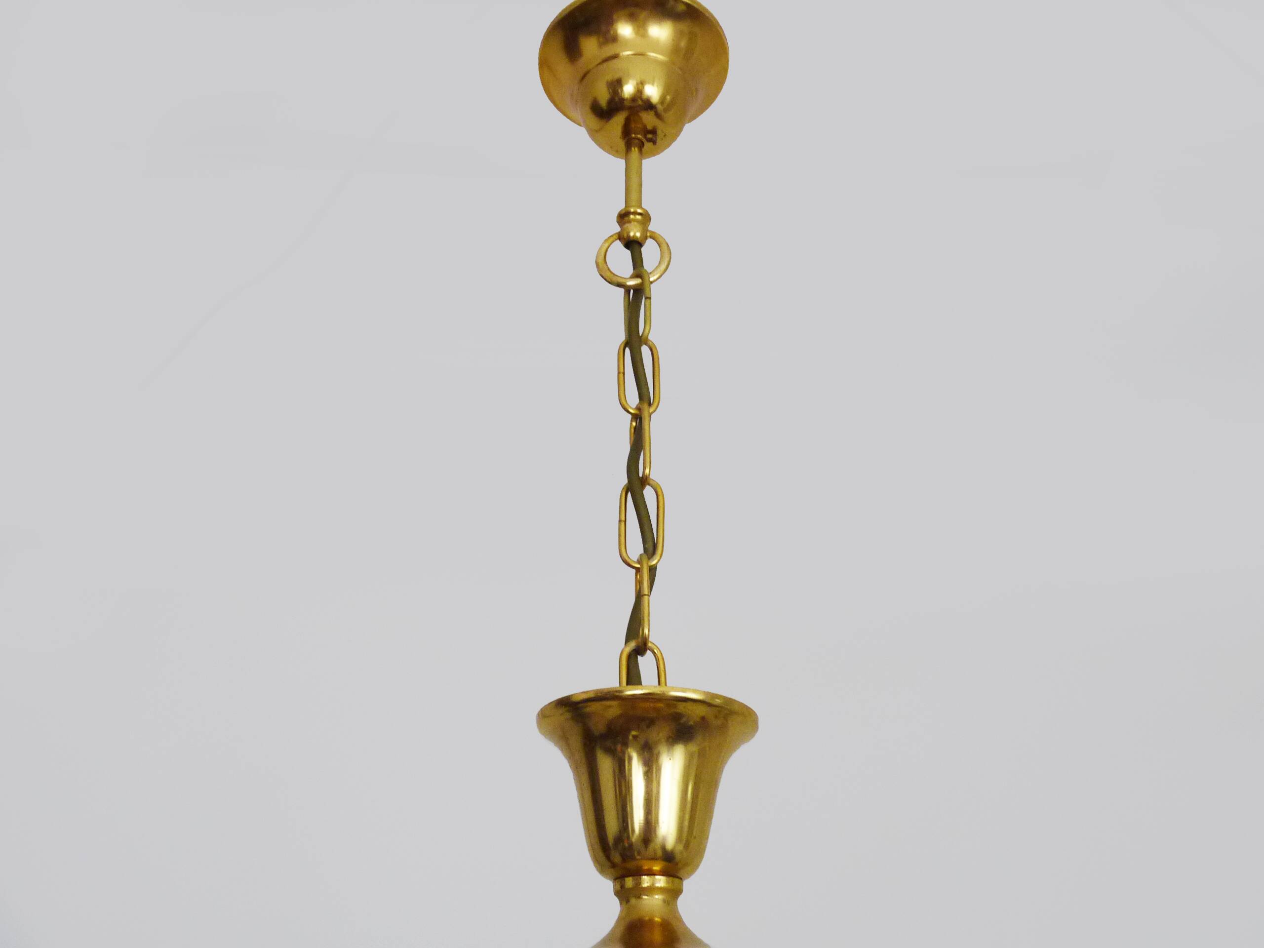 Art Nouveau style chandelier in brass with pendants and glass globe with 3 lights. Italy 70s 80s