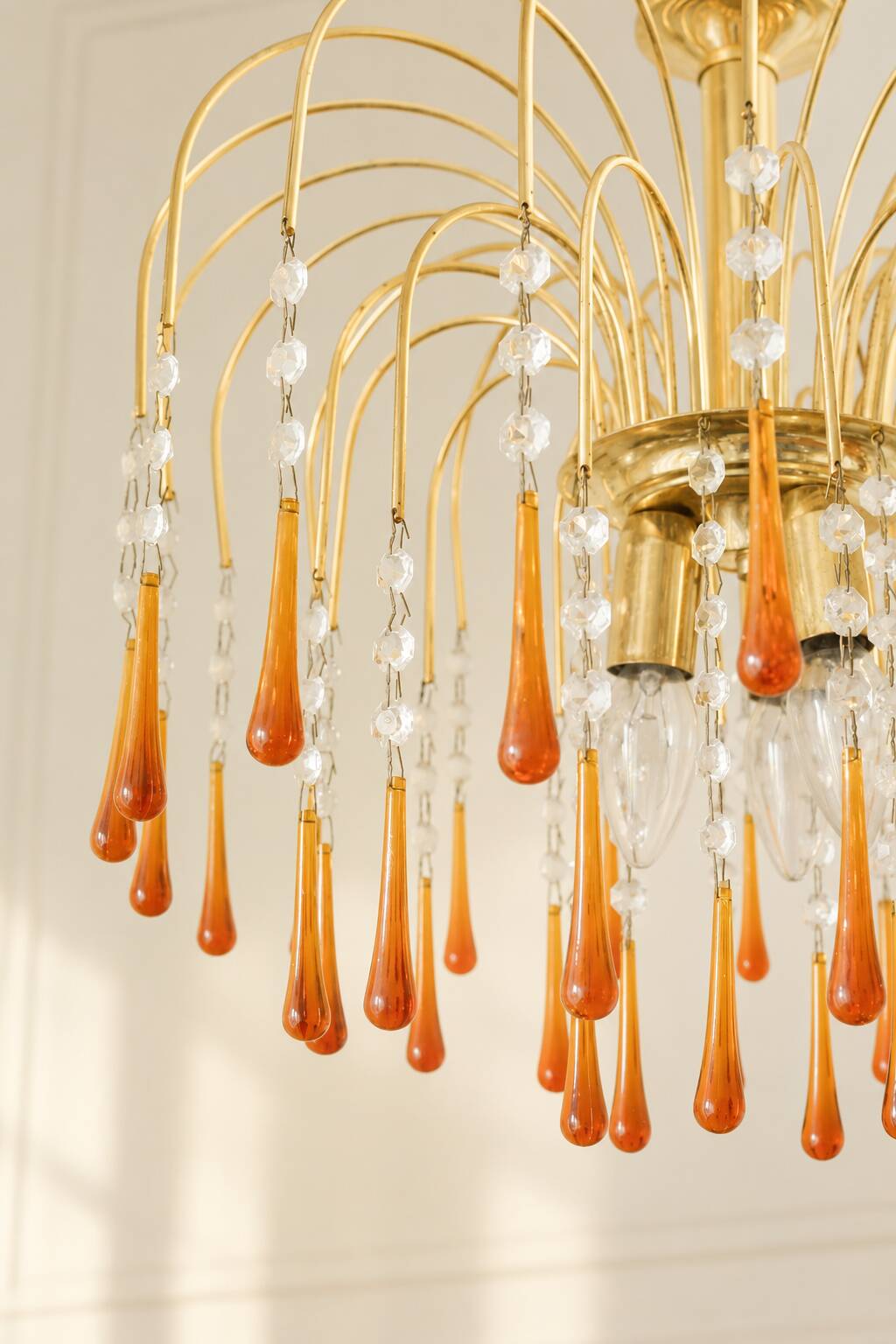 Vintage chandelier with amber pendants, Murano style.