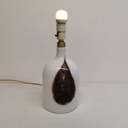 Older table lamp in milky white opaline glass with purple pattern / details from danish holmegaard.