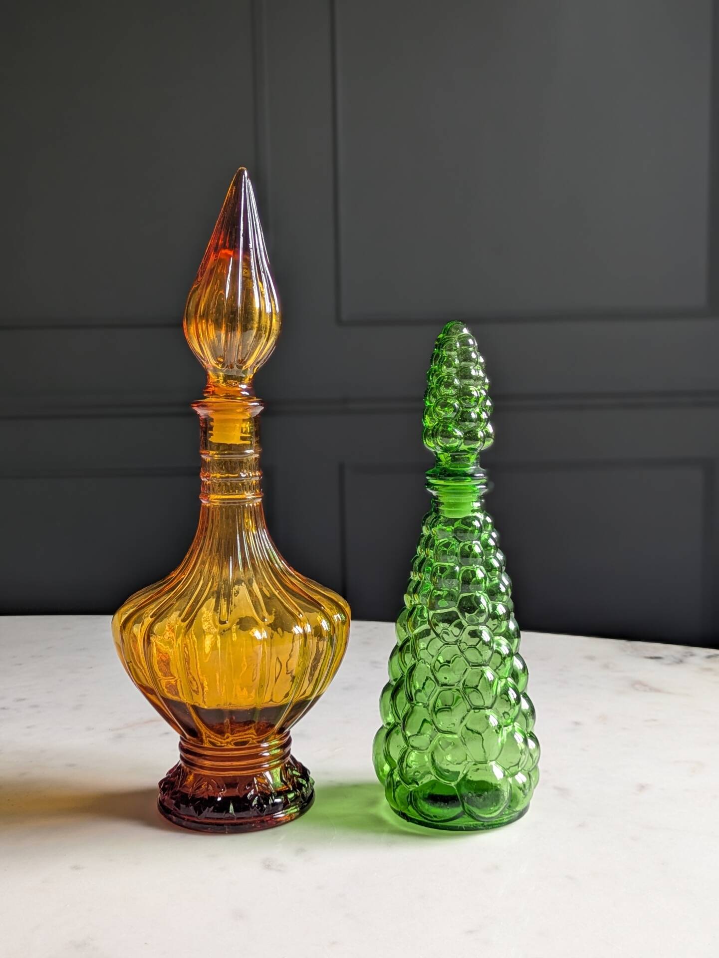 Pair of vintage Empoli style carafes from the 70s.