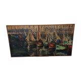 Vintage French Painting With Boats In Harbor by Bourgeois, mid-century