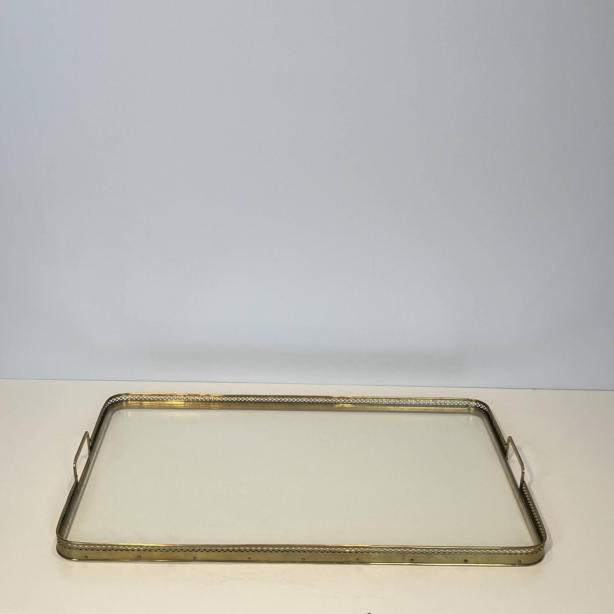 Rectangular Service Tray with Openwork Gallery in Brass. French Work