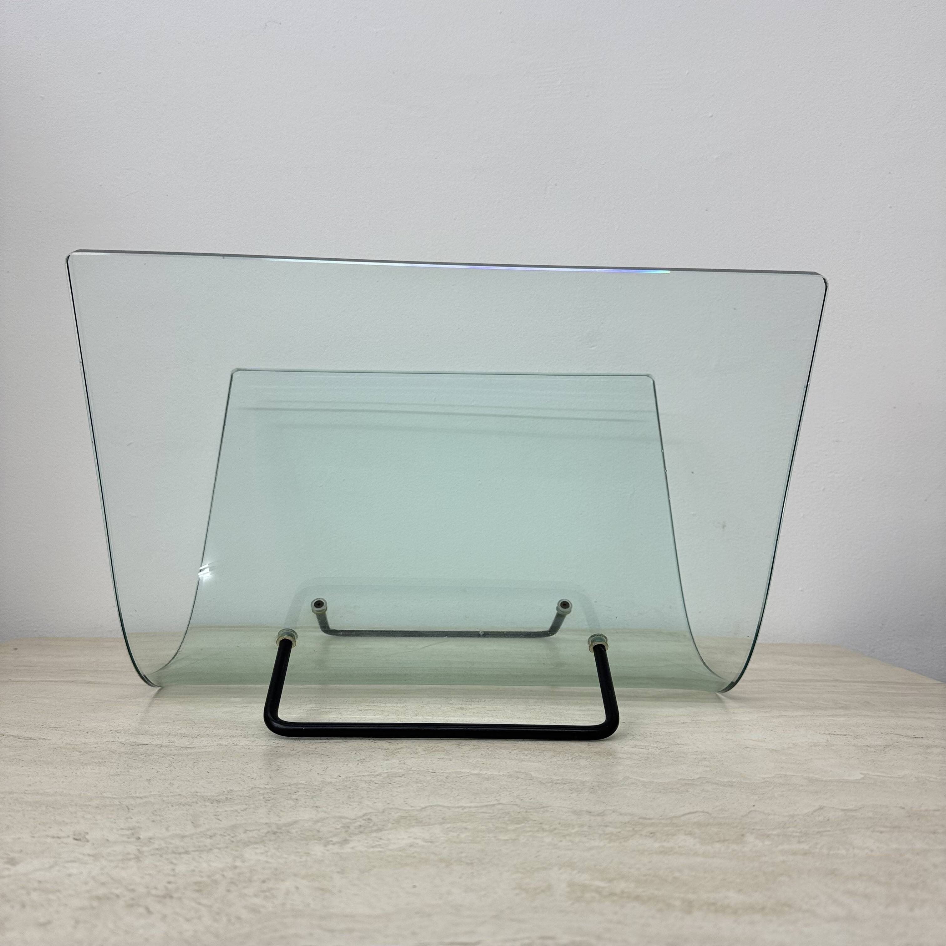 Post modern Fiam Italy curved glass magazine rack , 1980’s