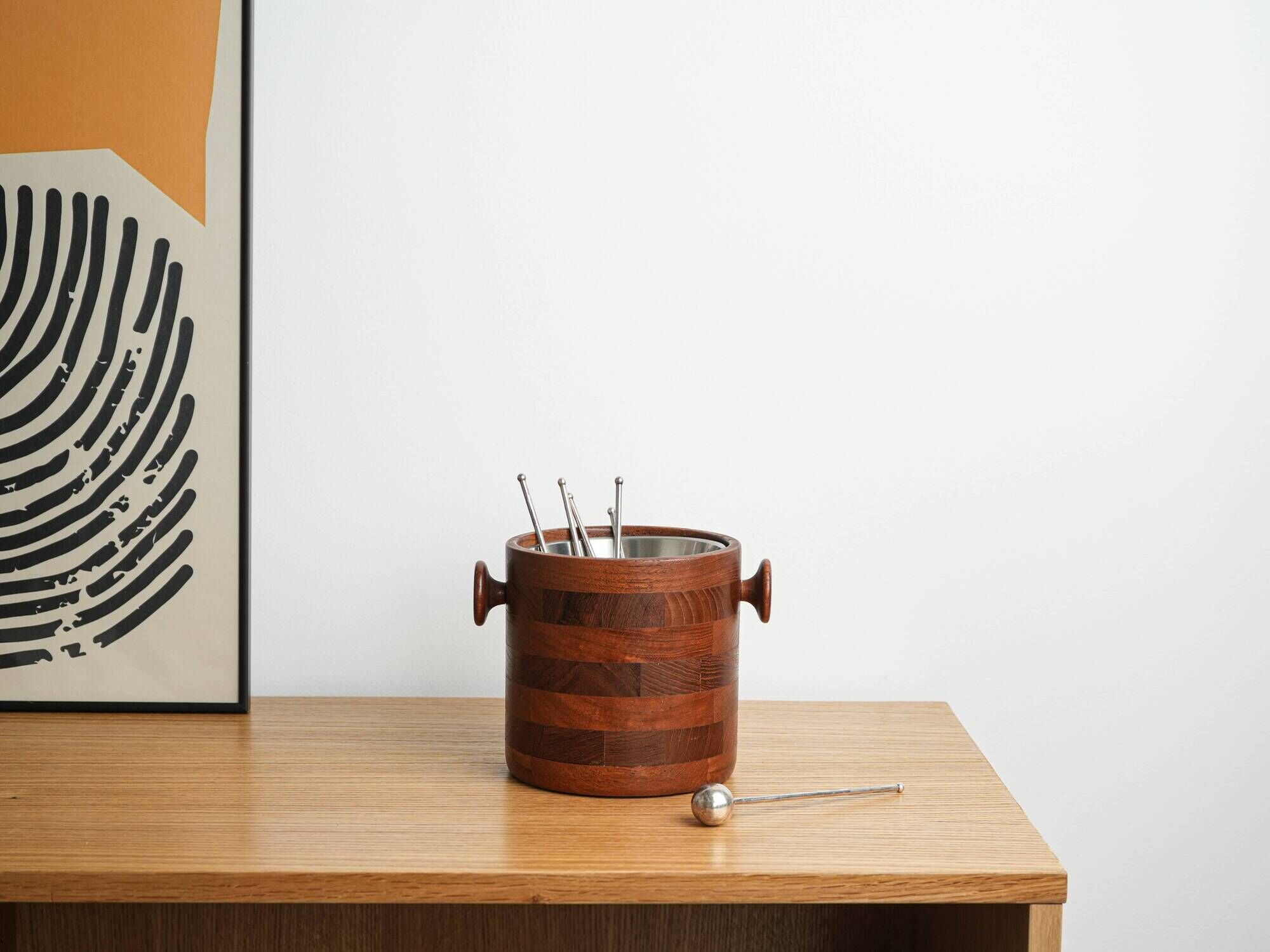 Danish teak and steel ice bucket, 1970s, Scandinavian Modern barware