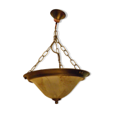 Suspension in gold metal with chains and opaque basin with brown cast designs -60s
