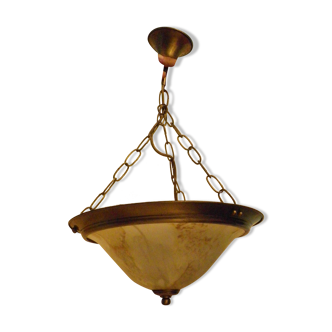 Suspension in gold metal with chains and opaque basin with brown cast designs -60s