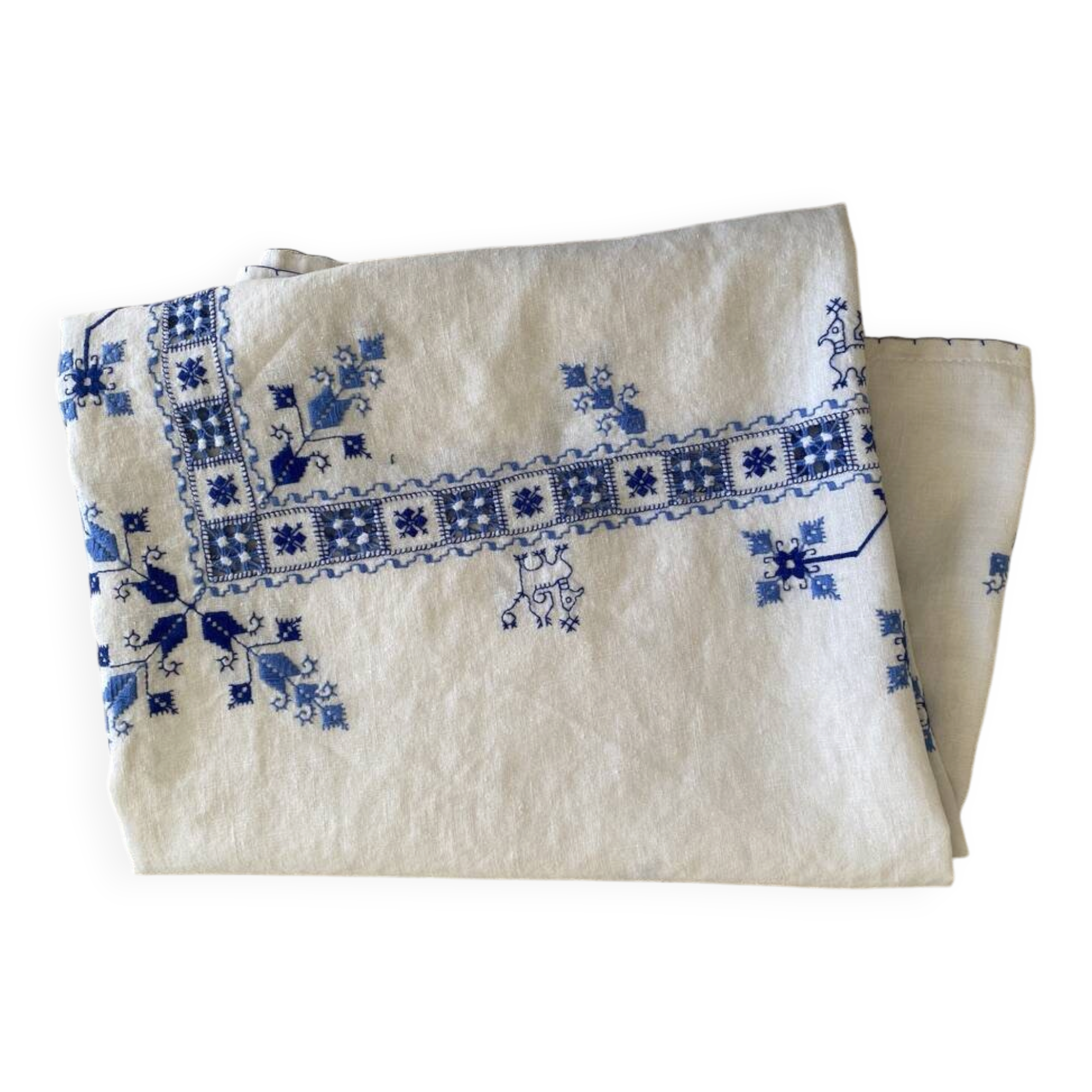 Old tablecloth with English embroidery and cross-stitch - Linen - 160x120 cm