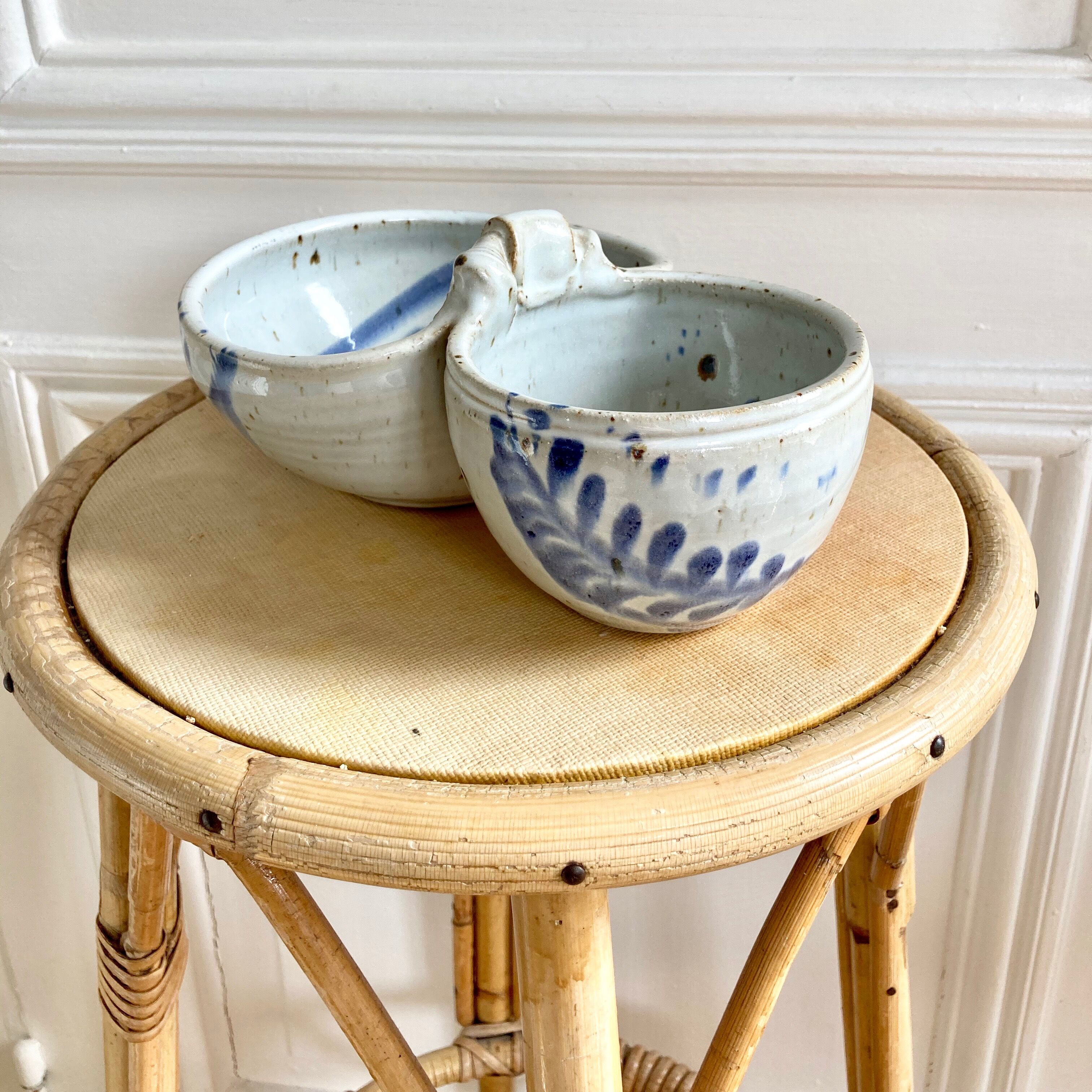 Appetizer server with two stoneware bowls or cups