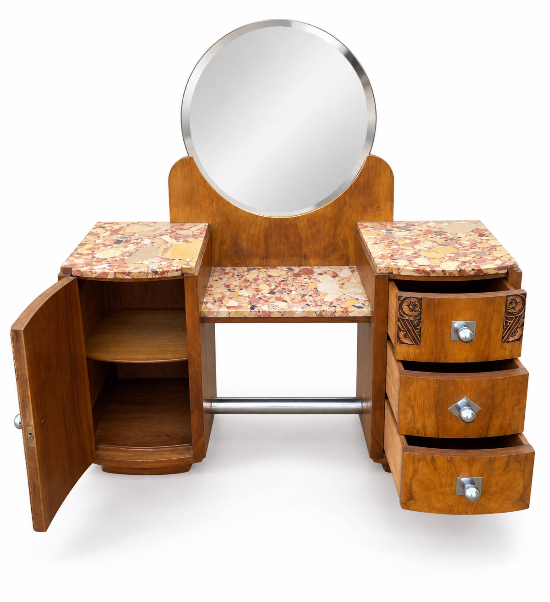 Ensemble coiffeuse 1930 Art Déco en Noyer avec dessus marbre et chevet