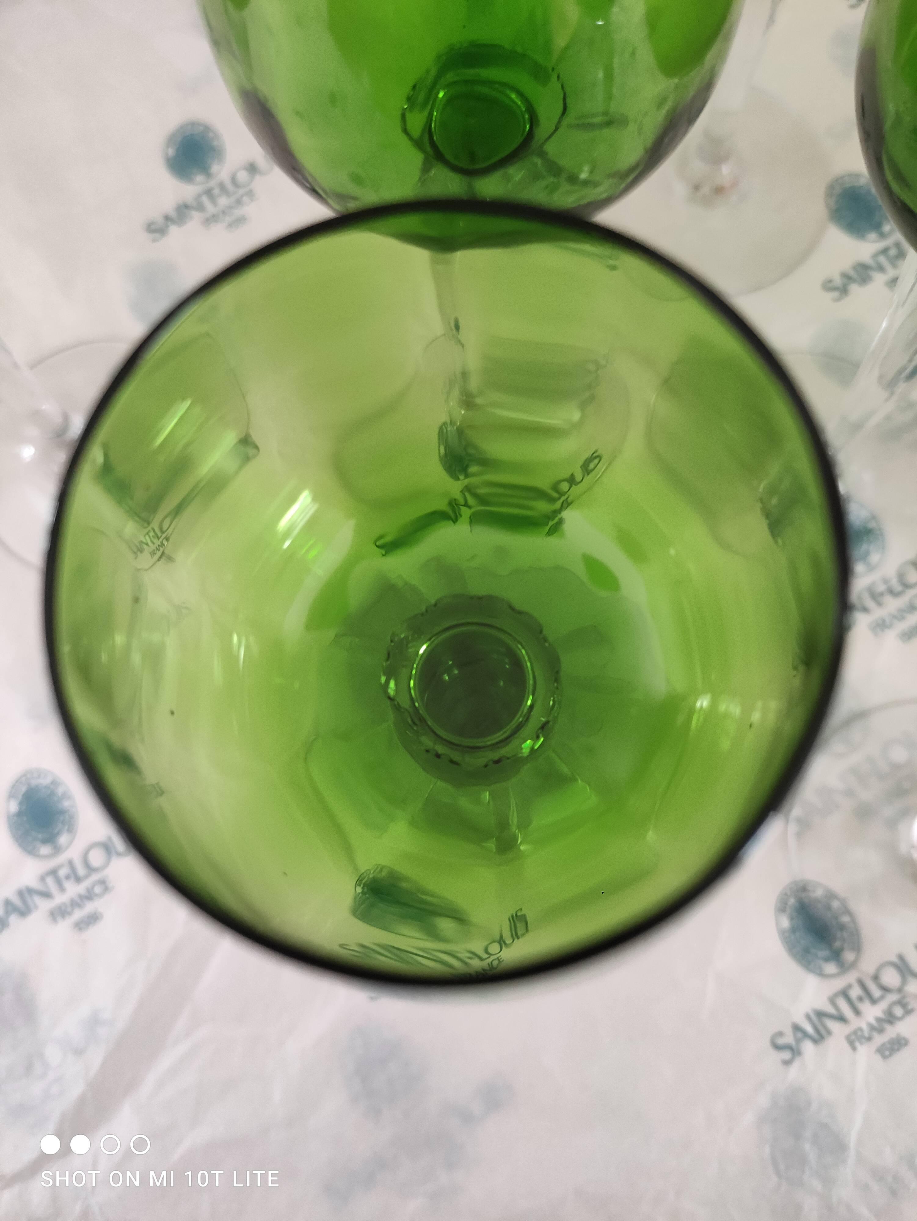Set of 9 unstamped Saint-Louis wine glasses drinking Chartreuse green