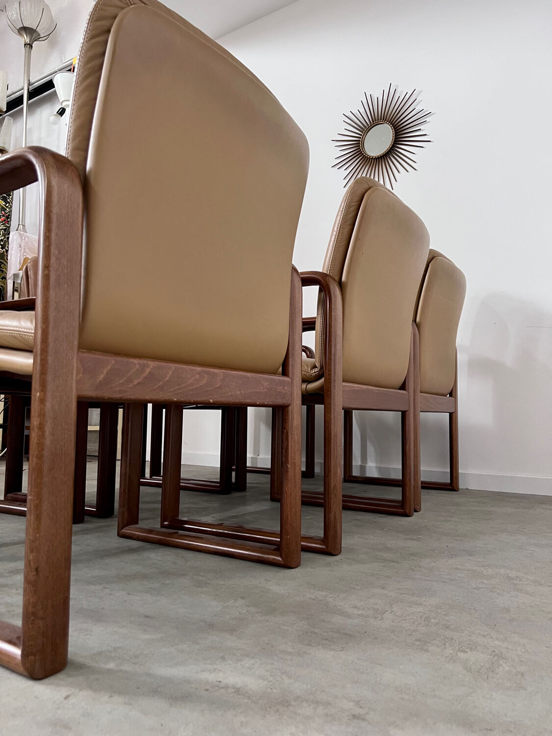 Lot 6 chairs armrests vintage 70s Scandinavian design leather and wood