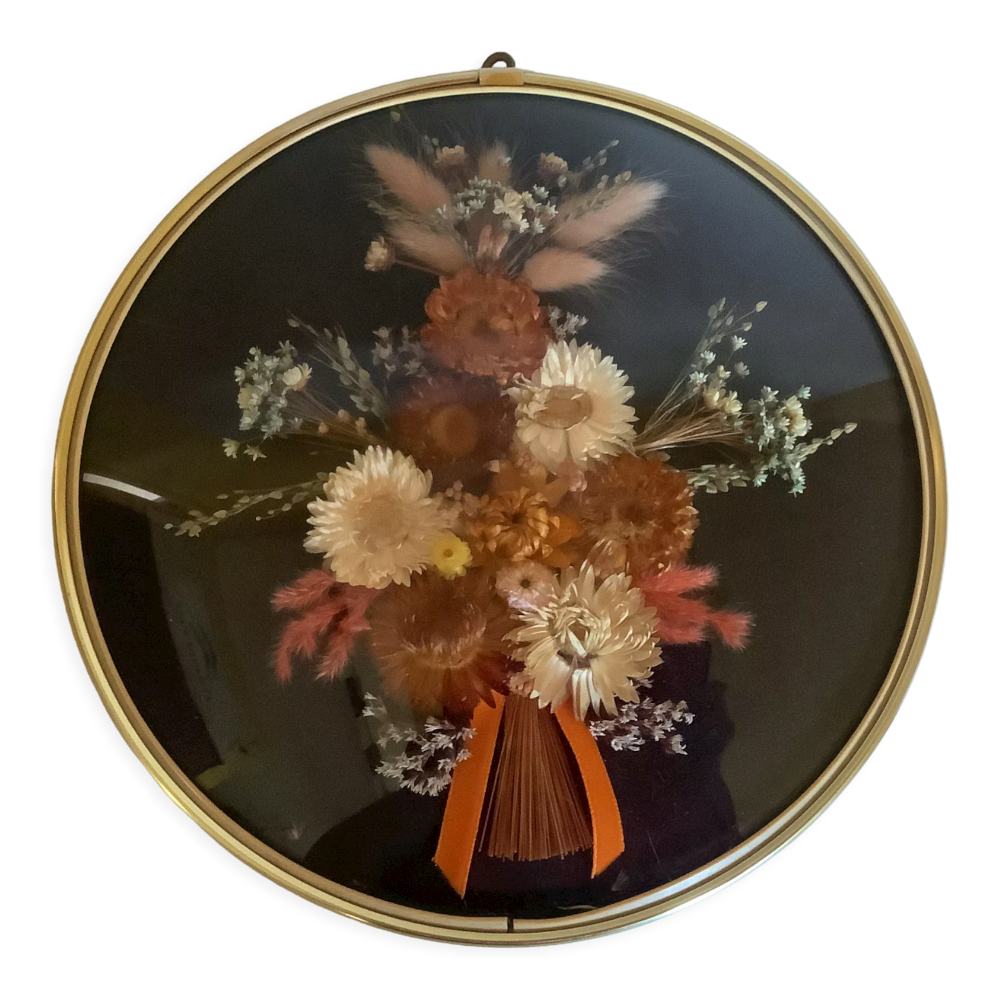 Ancien cadre rond verre bombé fleurs séchées vintage