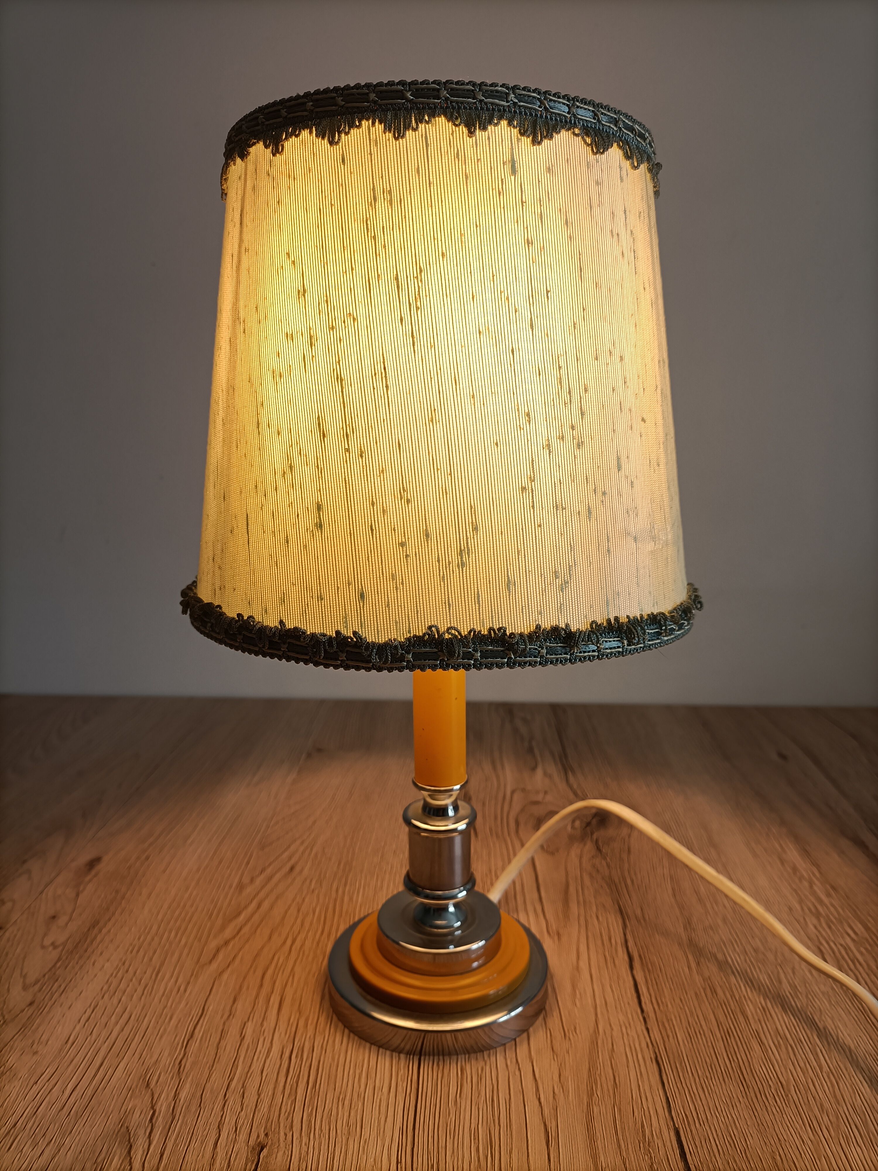 Solid brass candle holder lamp and vintage fabric