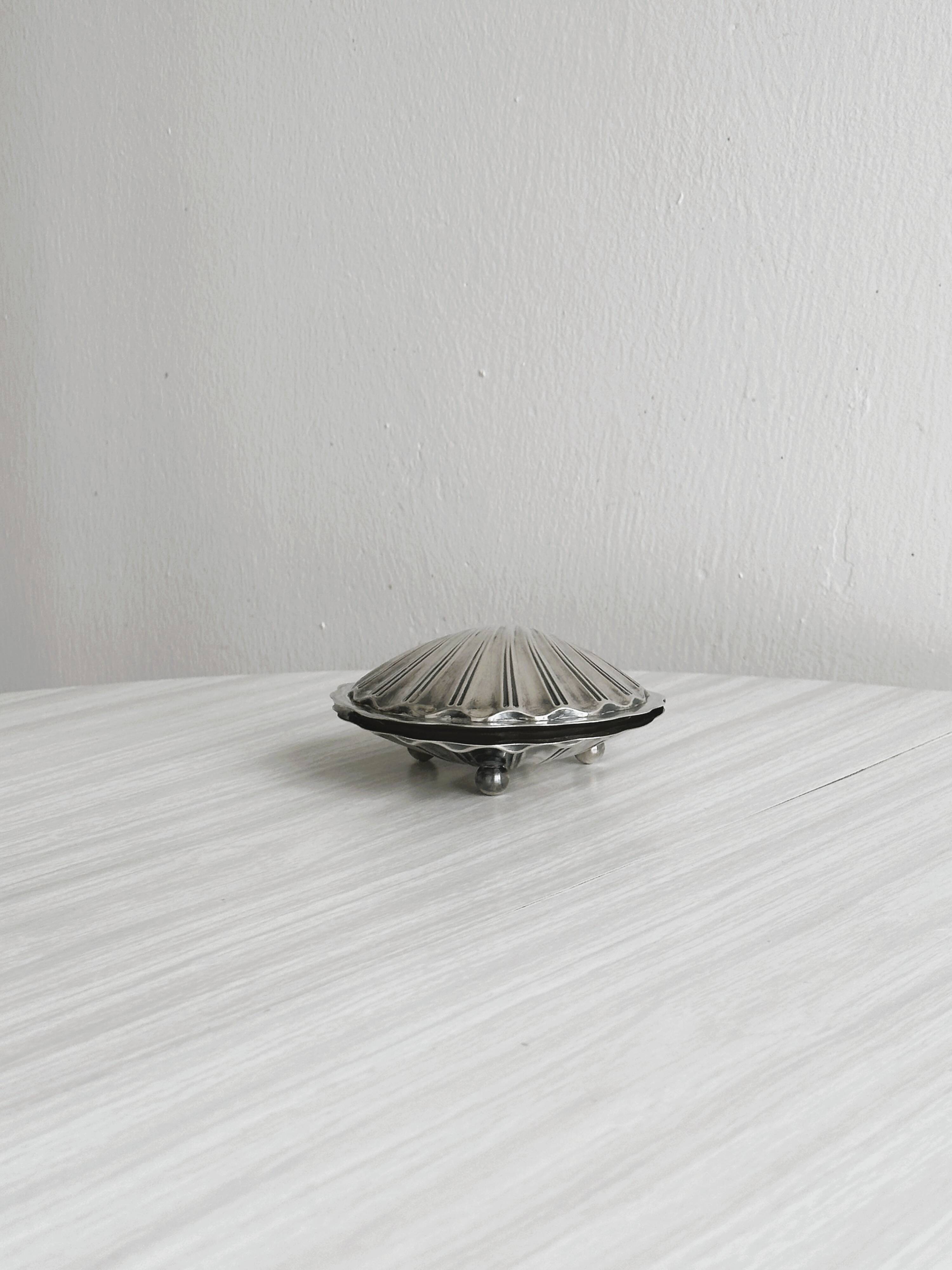 shell box in silver metal and worked glass