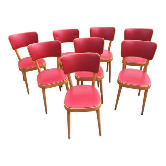 Eight Bauman light beech and red skai chairs, 60s