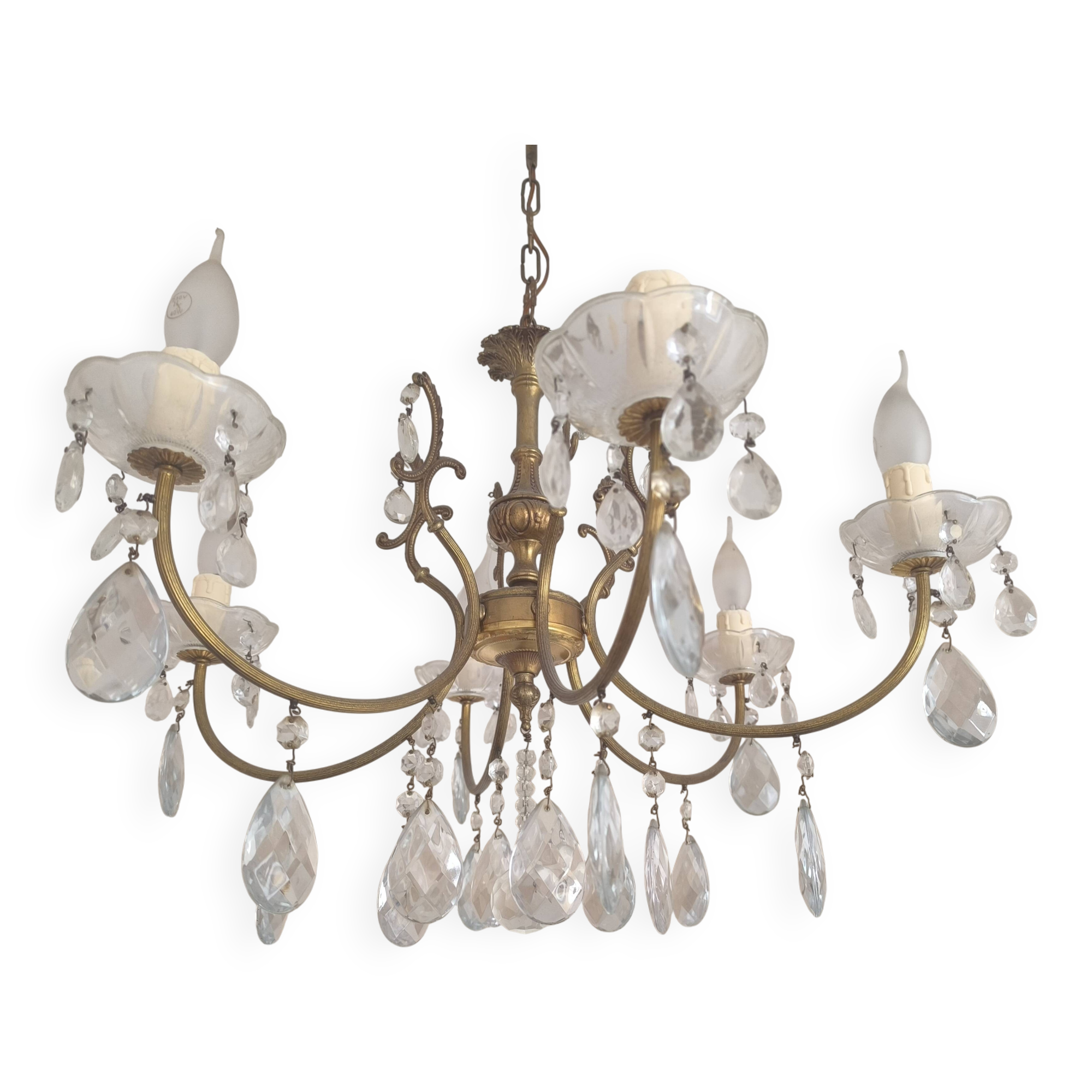 Vintage brass and crystal pendant chandelier with 6 lights