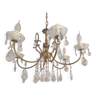 Vintage brass and crystal pendant chandelier with 6 lights