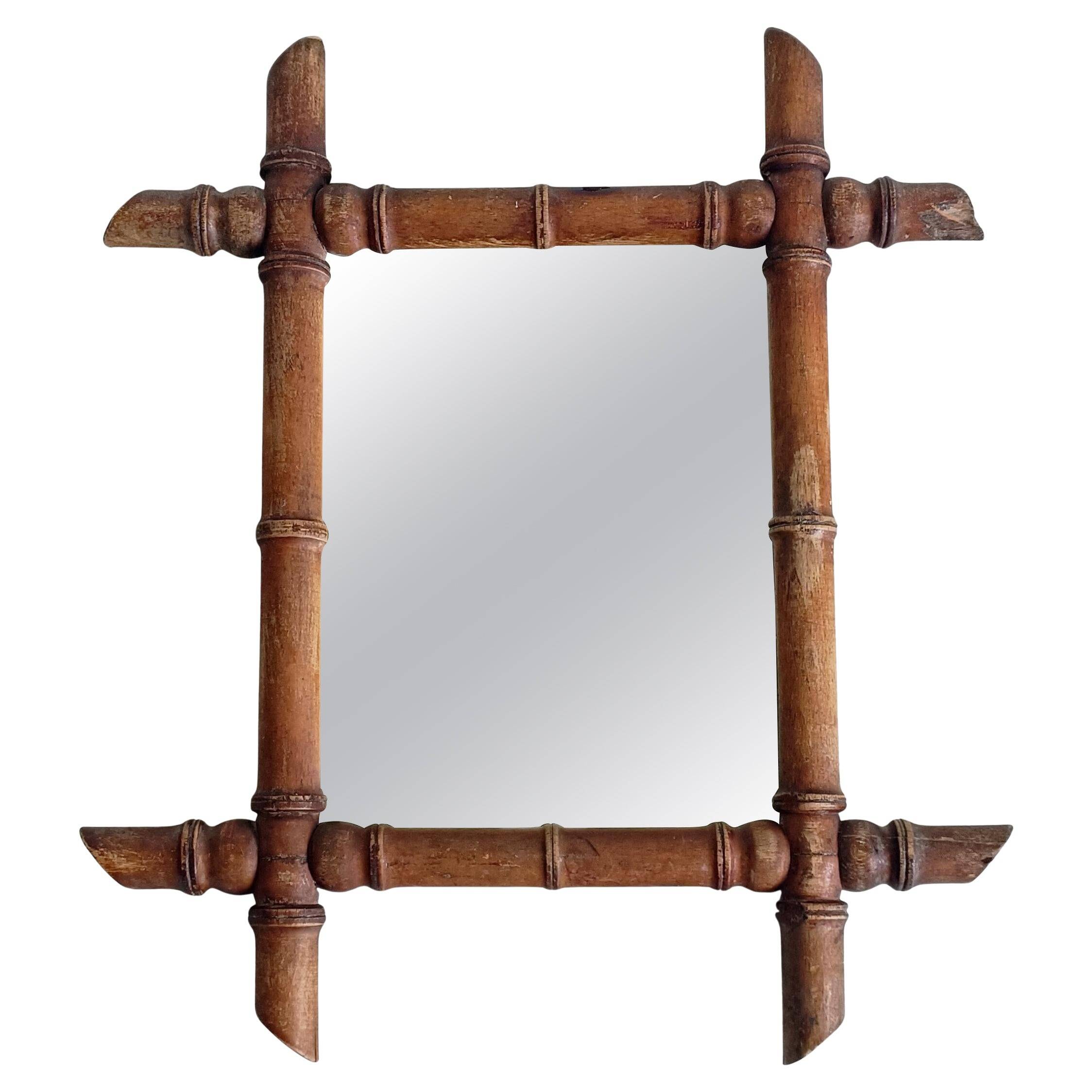 French Faux Bamboo Wall Mirror, Aged Patina, Circa 1900s