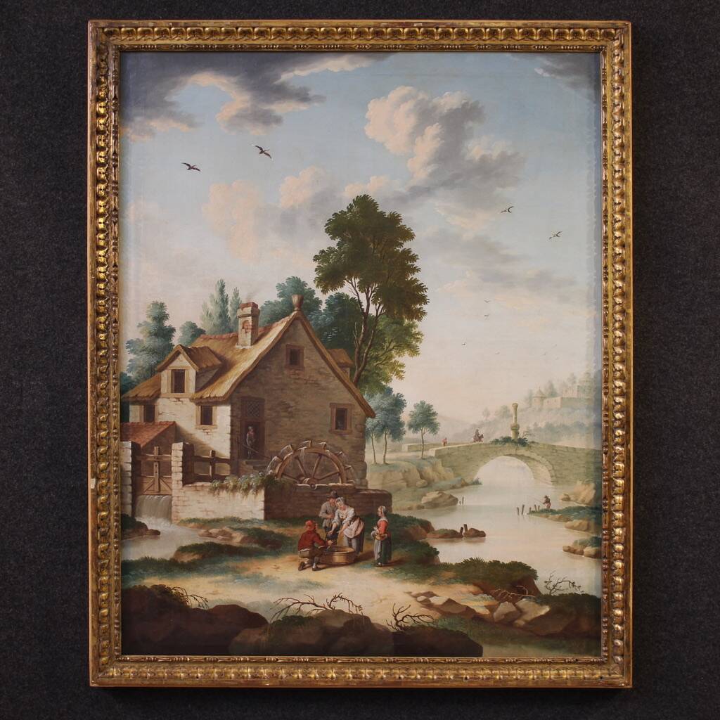 Great 18th century Italian painting, countryside landscape with genre scene