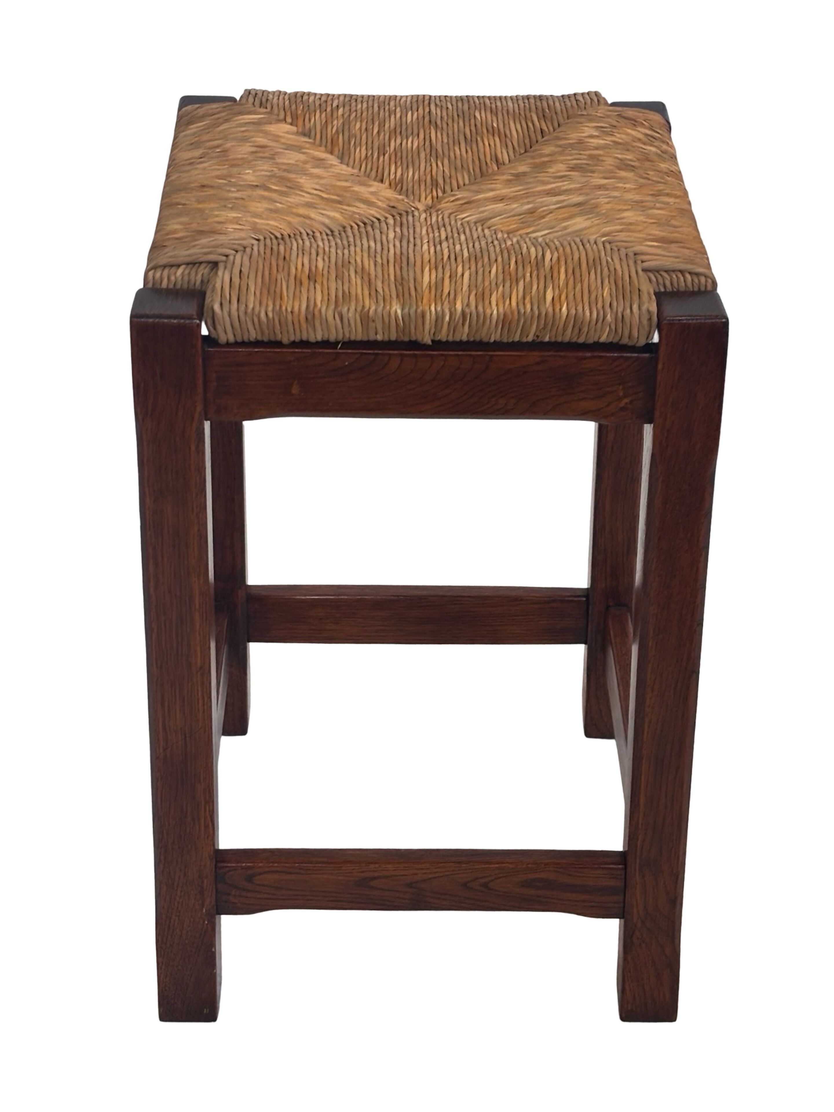 Vintage rattan stool with oak, 60s wabi sabi design, minimalist