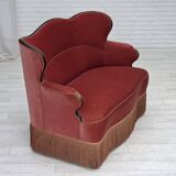 Canapé danois 2 places des années 1950, velours d'ameublement rose saumon, bois de frêne.