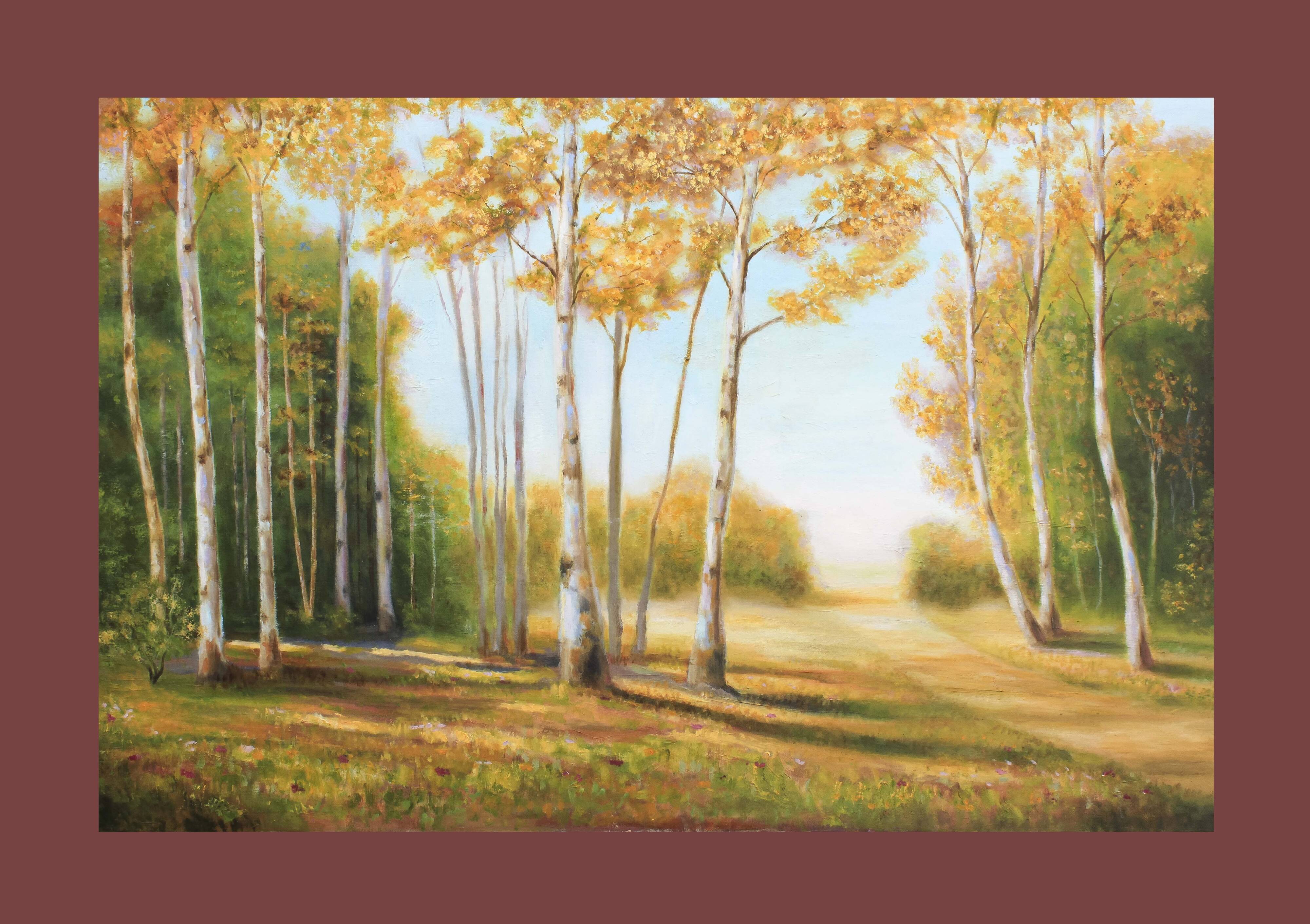 Cuadro con paisaje de álamos pintado al oleo sobre lienzo. Oil painting