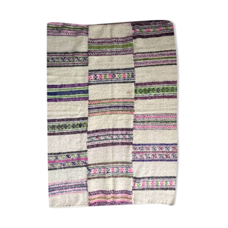 Tapis moelleux en laine blanche naturelle avec rayures colorées tapis roumain tissé à la main 227x134cm