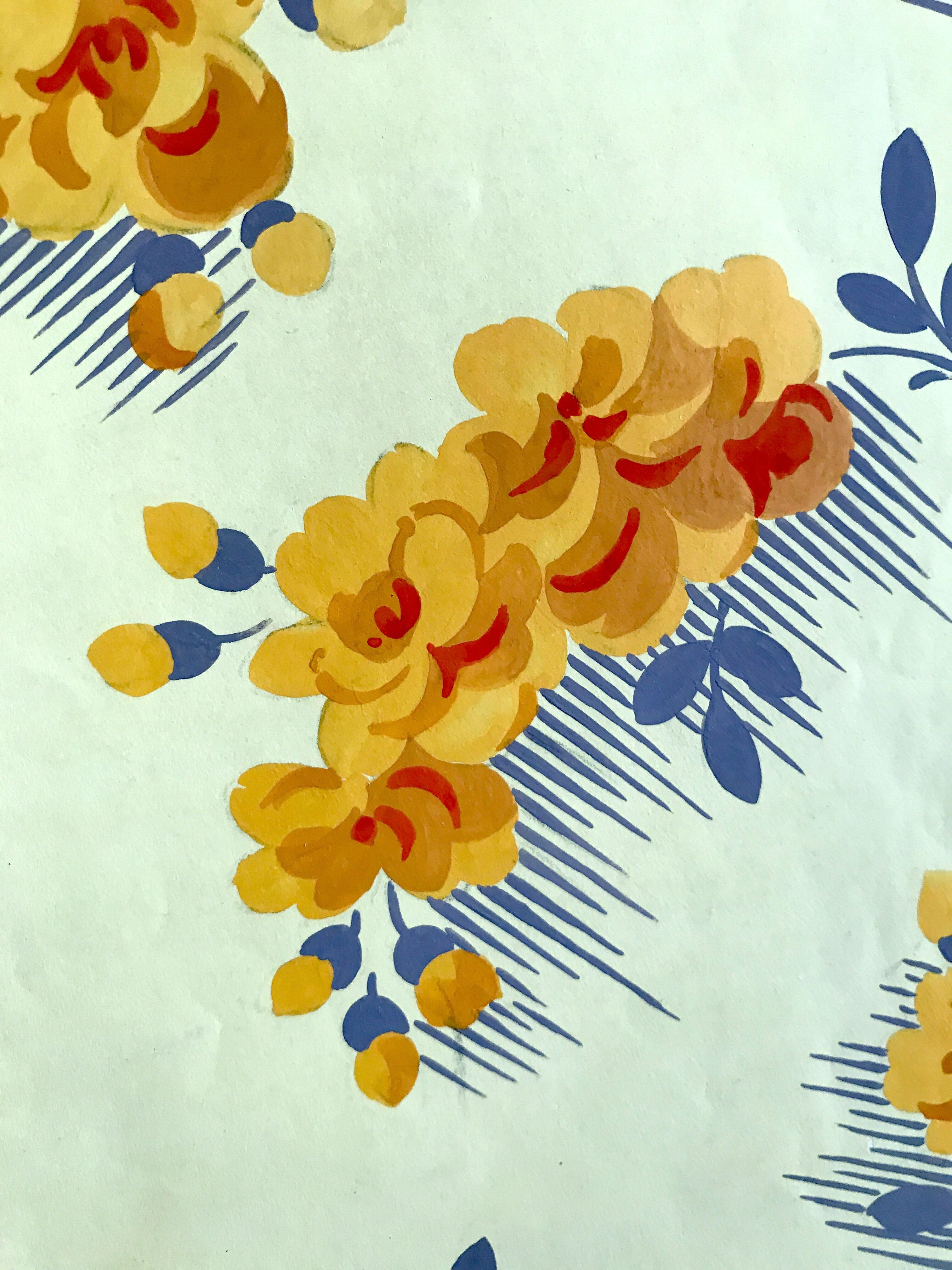 Original gouache on paper from Editions JEHLEM, floral decoration (yellow), twentieth century, Paris