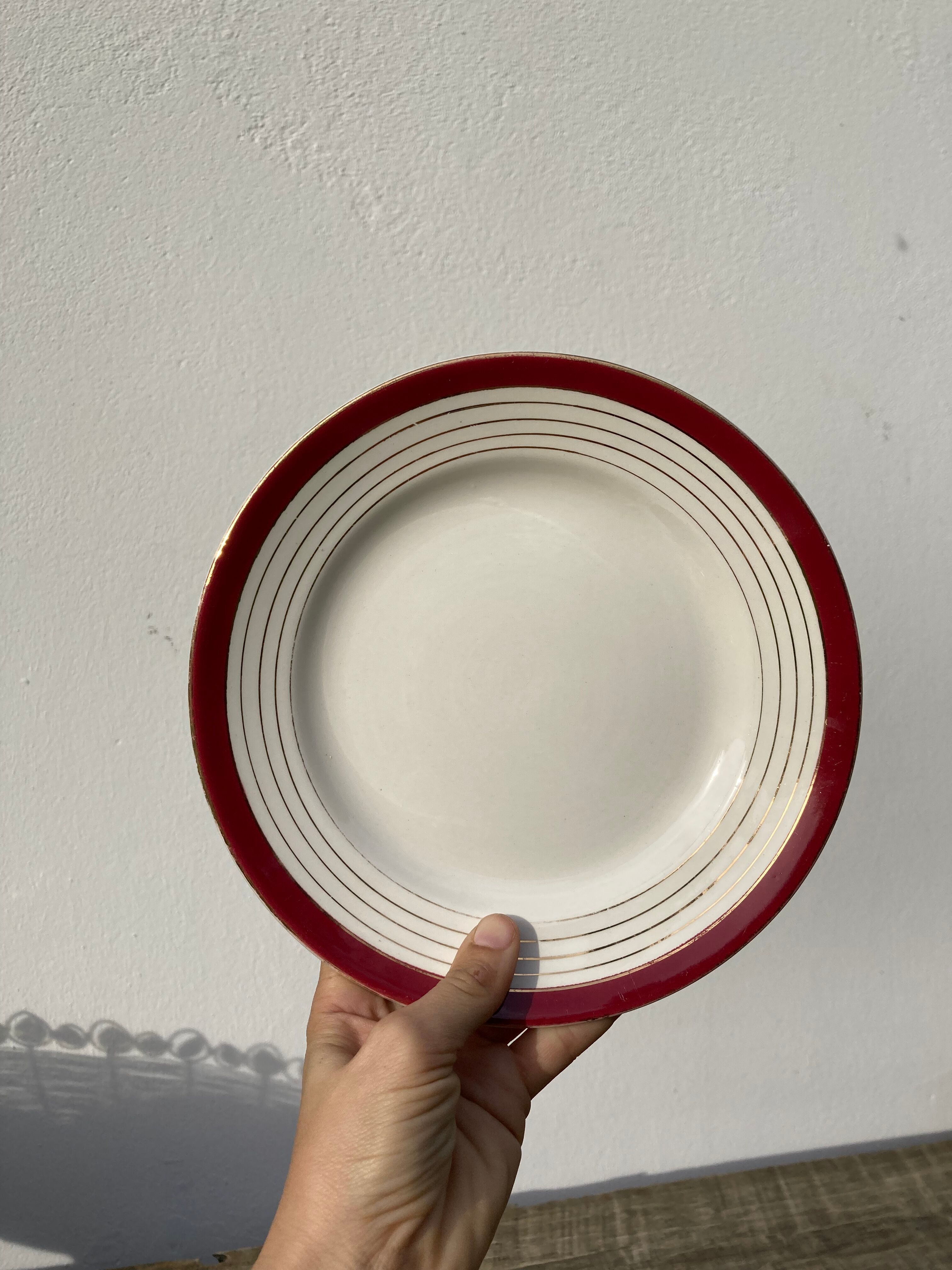 9 dessert plates Sarreguemines Digoin Regence gold and red