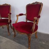 Ensemble banquette et 2 fauteuils style Louis XV en tissu rouge
