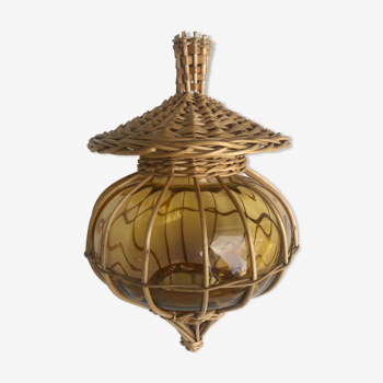 Rattan glass hanging lamp