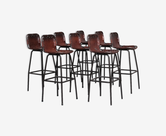 Lot de 8 tabourets de bar en cuir 1960