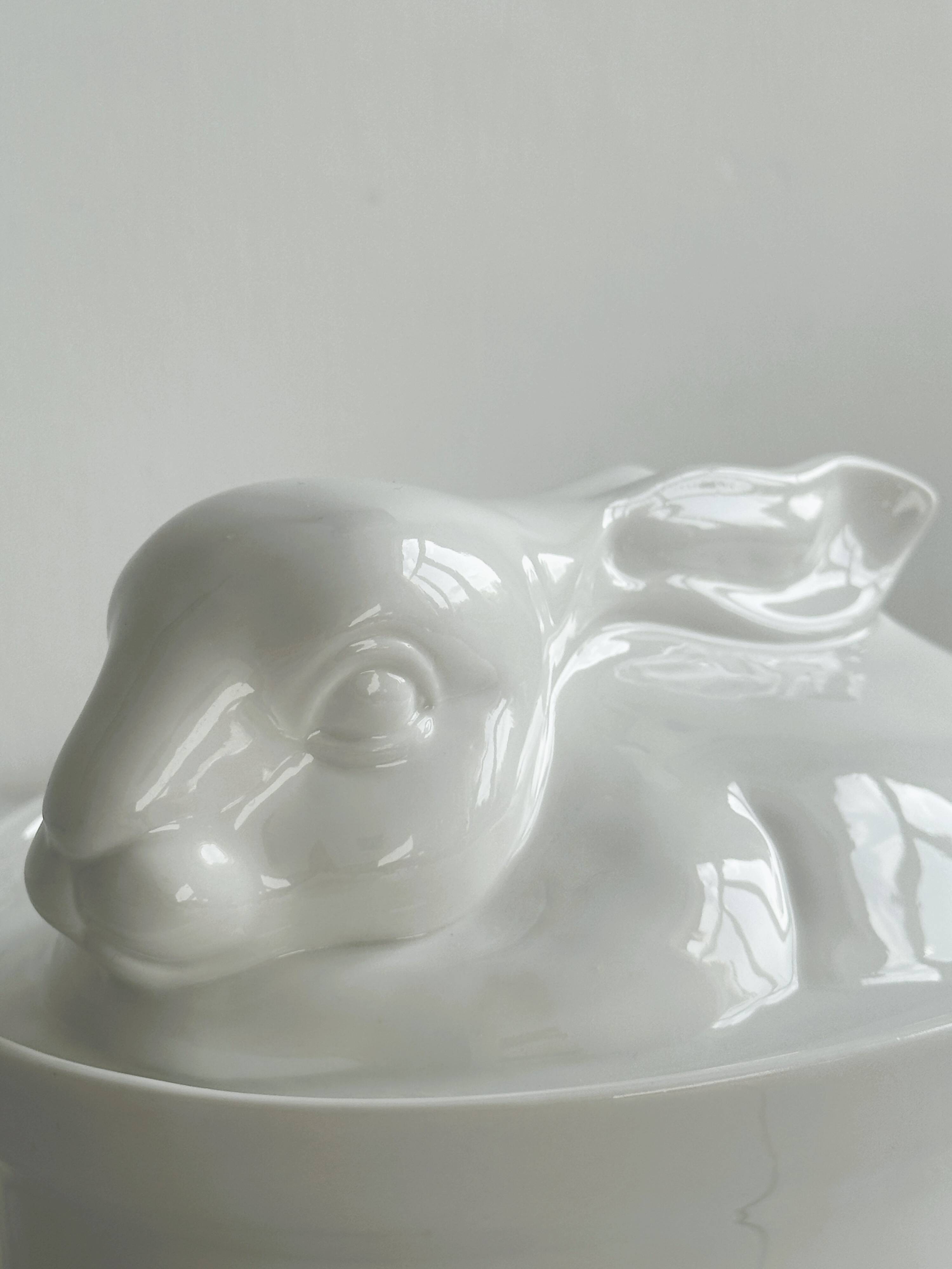 Large white porcelain rabbit terrine dish.